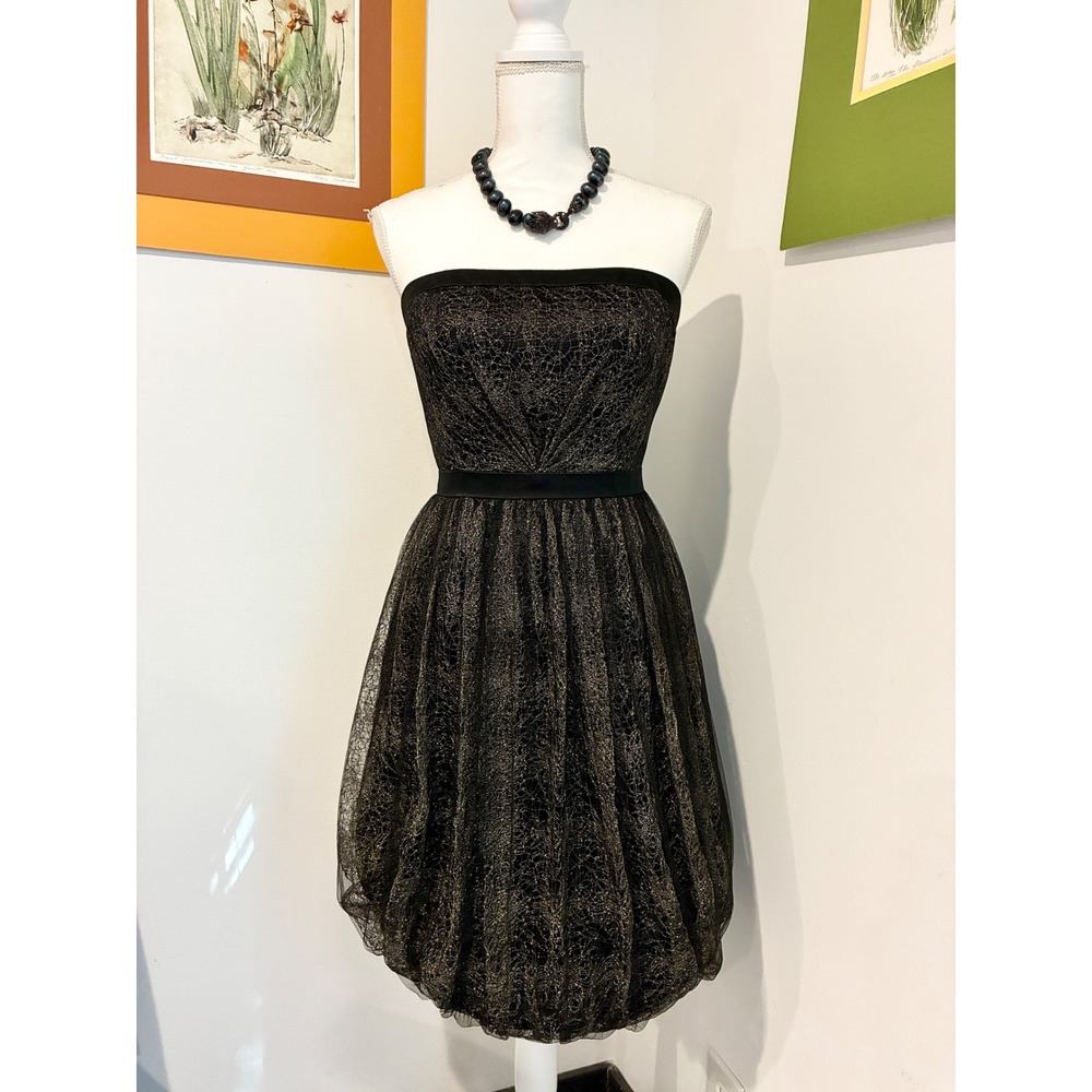 Nine West Dress 6 Black Gold Metallic Lace Strapless Homecoming Cocktail
